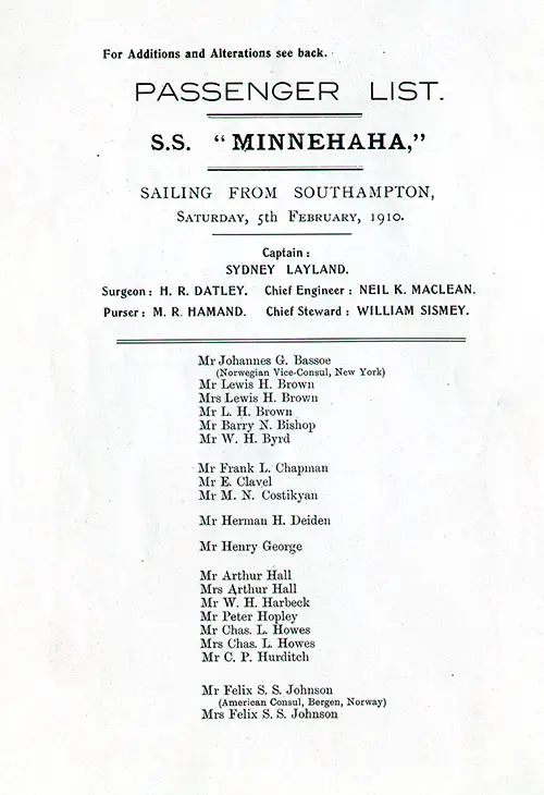 Title Page, Listing of Senior Officers, List of Pasengers, Part 1 (Bassoe-Johnson). SS Minnehaha First Class Passenger List, 5 February 1910.