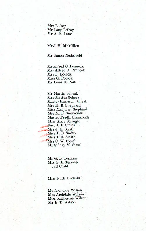 List of Passengers, Part 2 (Lefroy-Wilson). SS Minnehaha First Class Passenger List, 5 February 1910.