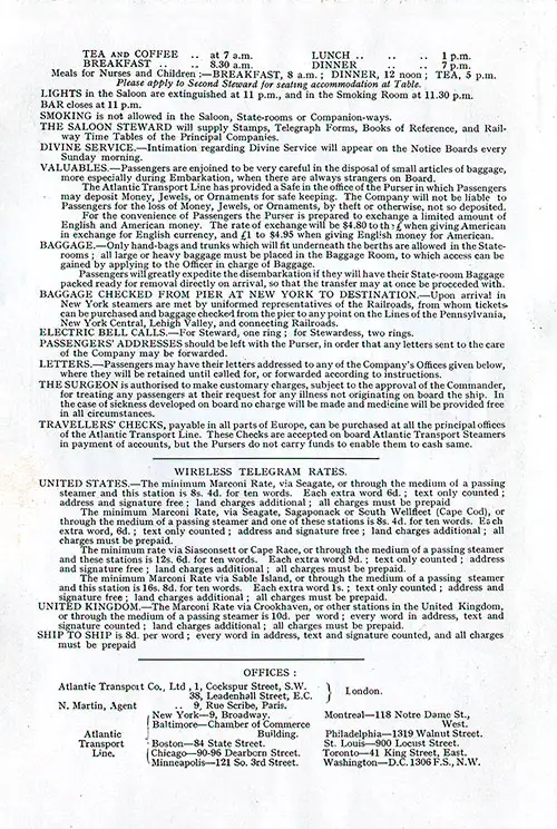 Information for Passengers and Atlantic Transport Co. Offices. SS Minnehaha First Class Passenger List, 5 February 1910.