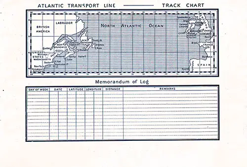 Back Cover: Atlantic Transport Line Track Chart of the North Atlantic Ocean and Memorandum of Log (Unused). SS Minnehaha First Class Passenger List, 5 February 1910.