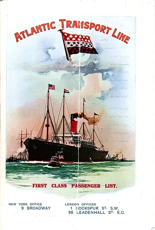Front Cover, SS Minnehaha First Class Passenger List, Departing 27 September 1913 from London to New York.