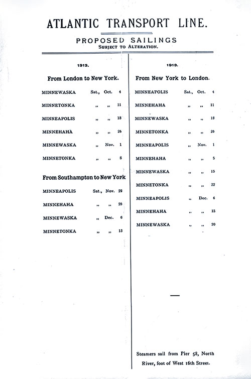 ATL Sailing Schedule, London-New York Service, From 4 October 1913 to 20 December 1913.
