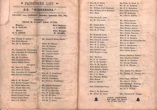 Enhanced List of Passengers to Show Light Pencil Annotations by Mr. Charles W. Vernon, Jr. About His Fellow Passengers. SS Minnehaha First Class Passenger List, 27 September 1913.
