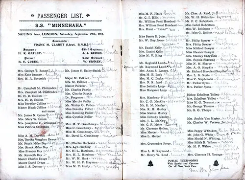 Version 2 of the Annotated List of Passengers by Mr. Charles W. Vernon, Jr. the Comments Have All Been Transcribed and Placed Adjacent to the Person’s Name on the List to Which They Pertain. SS Minnehaha First Class Passenger List, 27 September 1913.