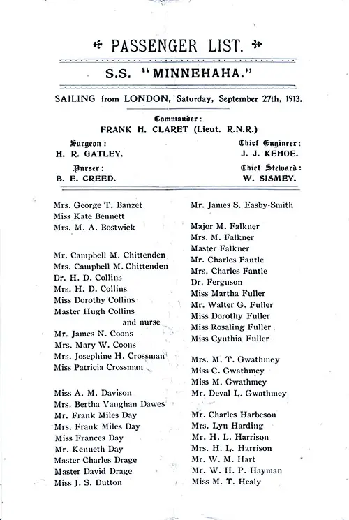 Title Page, Listing of Senior Officers, List of Passengers, Part 1 (Banzet-Healy). SS Minnehaha First Class Passenger List, 27 September 1913.