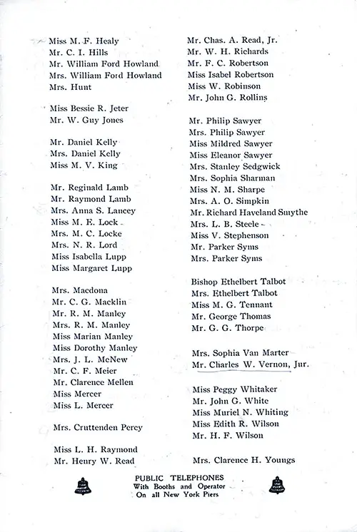 List of Passengers, Part 2 (Healy-Youugs) and Public Telephones Announcement. SS Minnehaha First Class Passenger List, 27 September 1913.