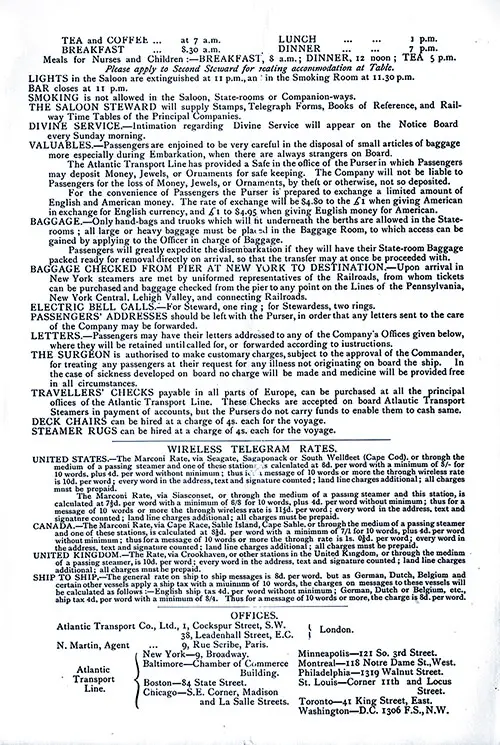 Information for Passengers, Wireless Telegram Rates, and Atlantic Transport Co. Offices. SS Minnehaha First Class Passenger List, 27 September 1913.