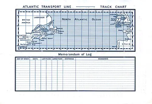 Atlantic Transport Line Track Chart of the North Atlantic Ocean and Memorandum of Log (Unused). SS Minnehaha First Class Passenger List, 27 September 1913.