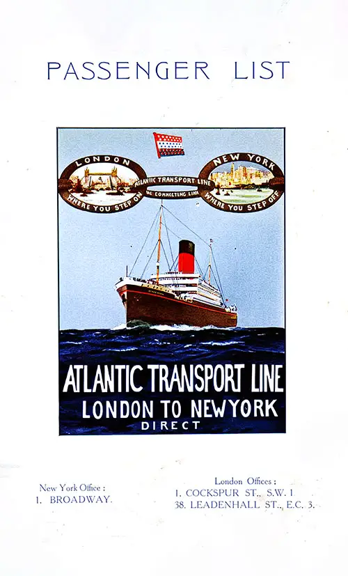 Front Cover of a Tourist Third Cabin Passenger List for the SS Minnekahda of the Atlantic Transport Line, Departing 11 July 1925 from London to New York.