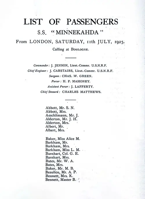 Title Page, Listing of Senior Officers, List of Passengers, Part 1 (Abbott-Bennett). SS Minnekahda Tourist Third Cabin Passenger List, 11 July 1925.