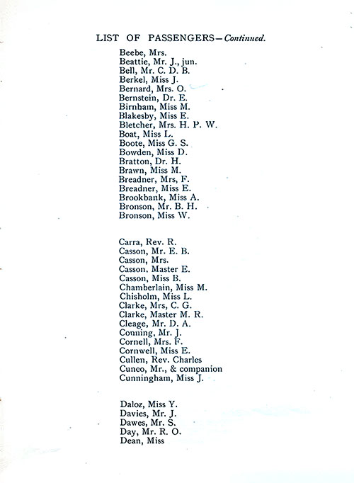 List of Passengers, Part 2 (Beebe-Dean). SS Minnekahda Tourist Third Cabin Passenger List, 11 July 1925.