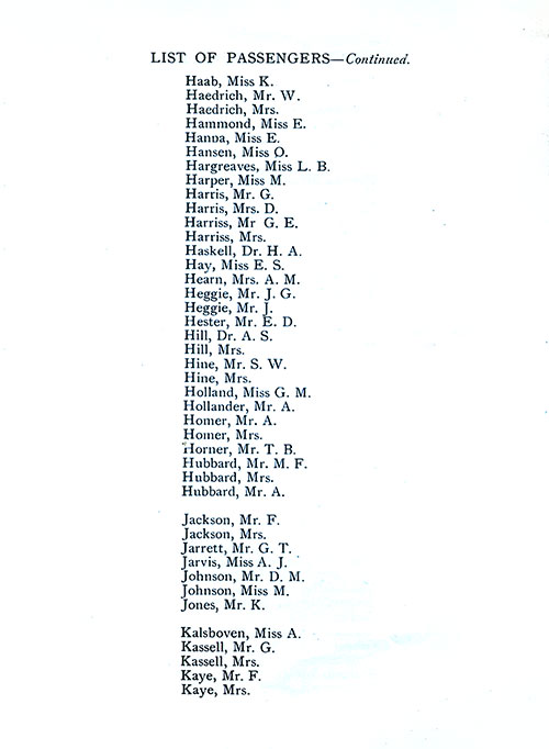 List of Passengers, Part 4 (Haab-Kaye). SS Minnekahda Tourist Third Cabin Passenger List, 11 July 1925.