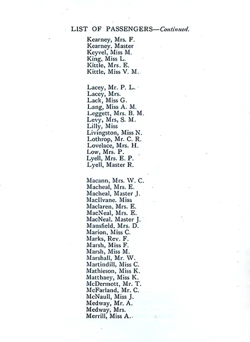 List of Passengers, Part 5 (Kearney-Merrill). SS Minnekahda Tourist Third Cabin Passenger List, 11 July 1925.