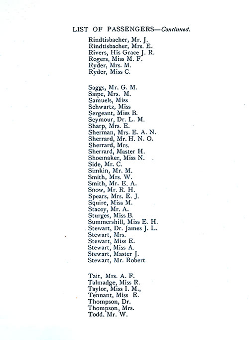 List of Passengers, Part 7 (Rindtisbacher-Todd). SS Minnekahda Tourist Third Cabin Passenger List, 11 July 1925.