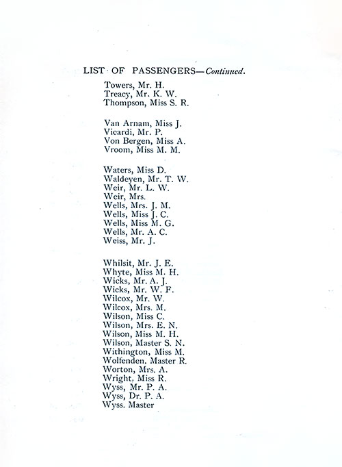 List of Passengers, Part 8 (Towers-Wyss). SS Minnekahda Tourist Third Cabin Passenger List, 11 July 1925.