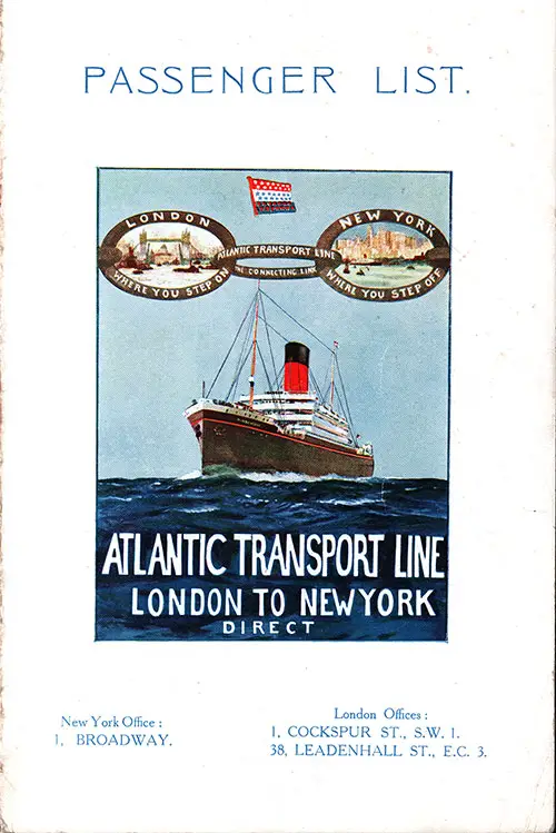 Front Cover, SS Minnekahda Tourist Third Cabin Passenger List, Departing 8 August 1925 from London to New York via Boulogne-sur-Mer.