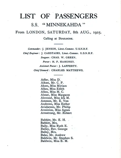 Title Page, Listing of Senior Officers, List of Passengers, Part 1 (D. Adler-E. M. Baldwin). SS Minnekahda Tourist Third Cabin Passenger List, 8 August 1925.