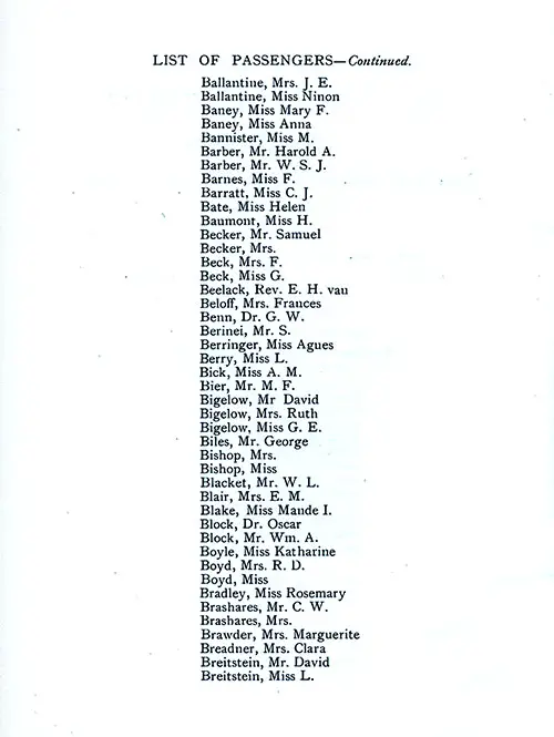 List of Passengers, Part 2 (J. E. Ballantine-L. Breitstein). SS Minnekahda Tourist Third Cabin Passenger List, 8 August 1925