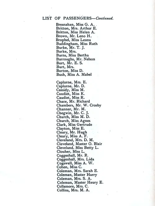 List of Passengers, Part 3 (G. A. Bresnhan-M. A. Collins). SS Minnekahda Tourist Third Cabin Passenger List, 8 August 1925.