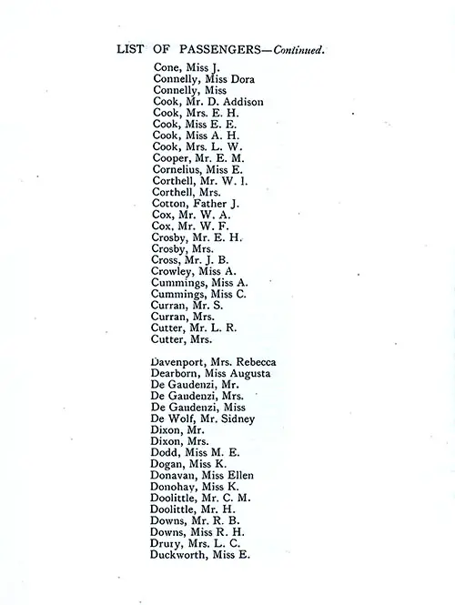 List of Passengers, Part 4 (J. Cone-E. Duckworth). SS Minnekahda Tourist Third Cabin Passenger List, 8 August 1925.