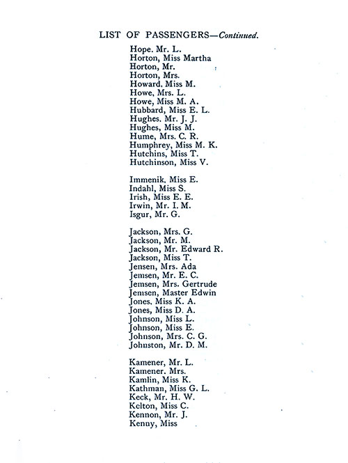 List of Passengers, Part 8 (L. Hope-Kenny). SS Minnekahda Tourist Third Cabin Passenger List, 8 August 1925.