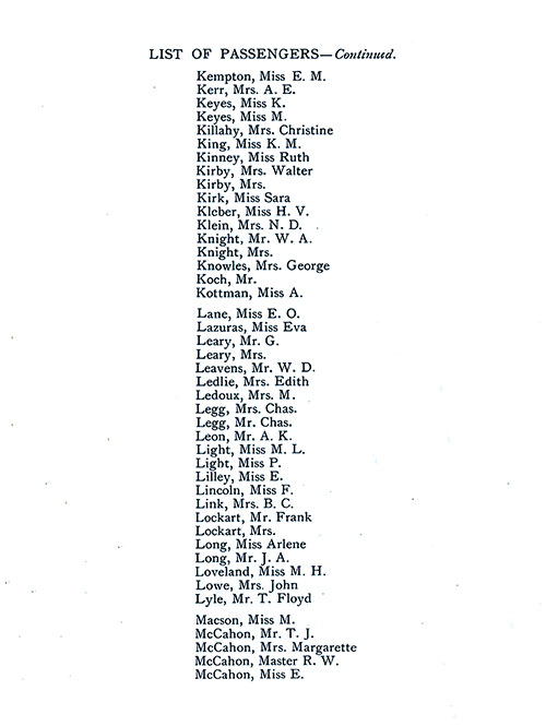 List of Passengers, Part 9 (E. M. Kempton-E. McCahon). SS Minnekahda Tourist Third Cabin Passenger List, 8 August 1925.