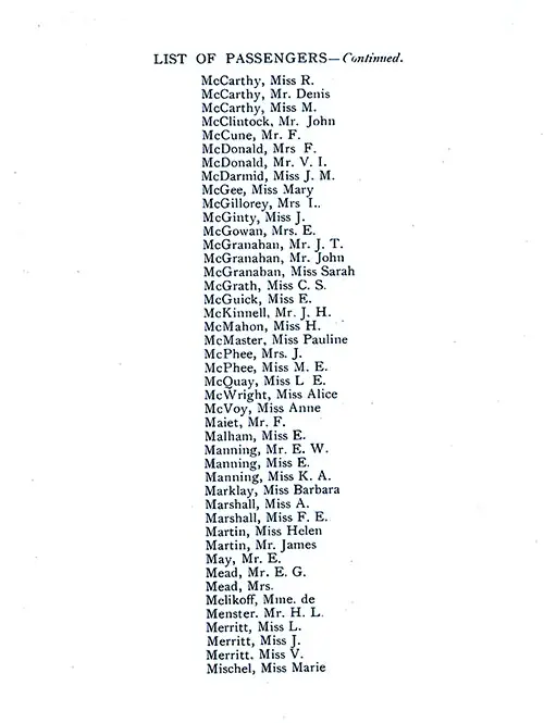 List of Passengers, Part 10 (R. McCarthy-Marie Mischel). SS Minnekahda Tourist Third Cabin Passenger List, 8 August 1925.