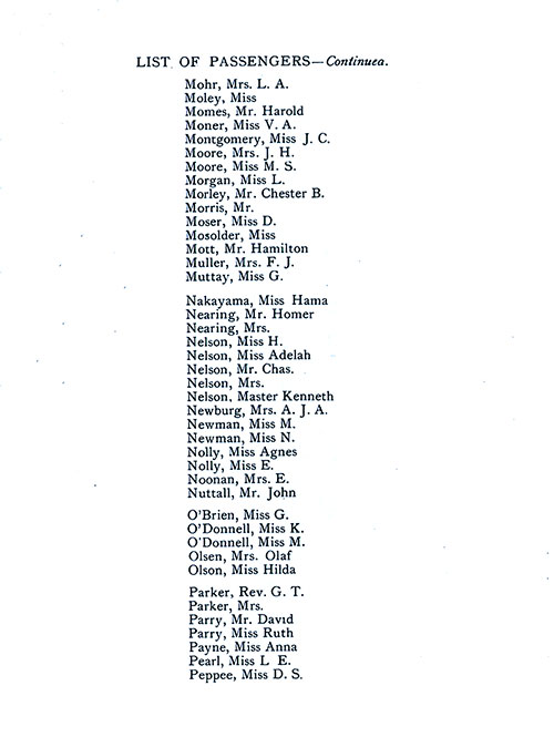 List of Passengers, Part 11 (L. A. Mohr-D. S. Peppee). SS Minnekahda Tourist Third Cabin Passenger List, 8 August 1925.