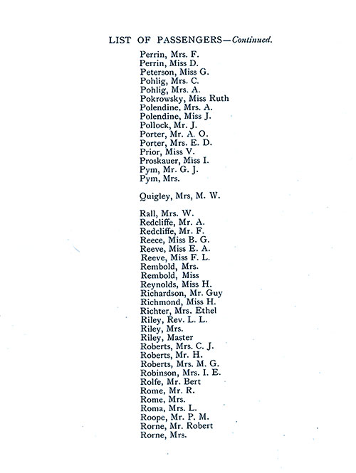 List of Passengers, Part 12 (F. Perrin-Rorne). SS Minnekahda Tourist Third Cabin Passenger List, 8 August 1925.