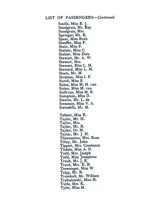 List of Passengers, Part 14 (E. J. Smith-M. Tyler). SS Minnekahda Tourist Third Cabin Passenger List, 8 August 1925.