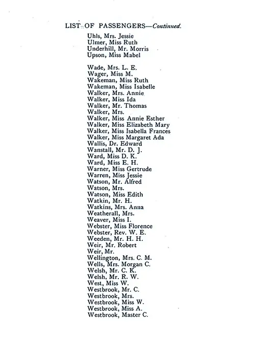 List of Passengers, Part 15 (Jessie Uhls-C. Westbrook). SS Minnekahda Tourist Third Cabin Passenger List, 8 August 1925.