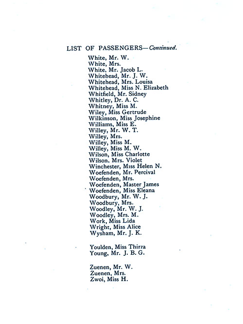List of Passengers, Part 16 (W. White-H. Zwoi). SS Minnekahda Tourist Third Cabin Passenger List, 8 August 1925.