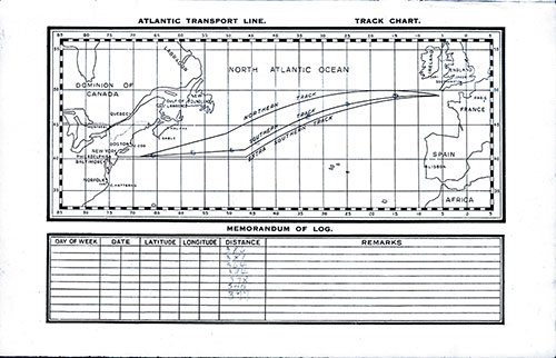Atlantic Transport Line Track Chart of the North Atlantic Ocean, Routes for Northern, Southern, and Extra Southern Track, and Memorandum of Log with Distance Traveled Filled in by Original Passenger. SS Minnekahda Tourist Third Cabin Passenger List, 8 August 1925.