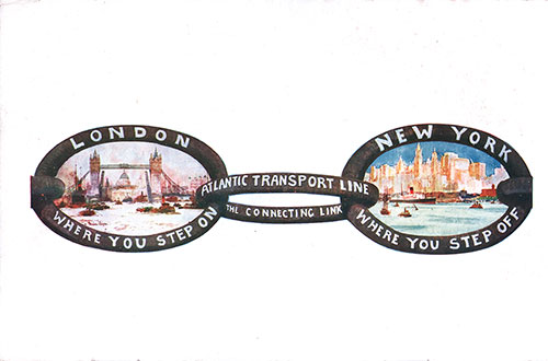 Back Cover: Atlantic Transport Line, The Connecting Link from London (Where You Step On) to New York (Whre ou Step Off) in a Chain Link Graphic with images of London and New York Placed Inside the Respective Links. SS Minnekahda Tourist Third Cabin Passenger List, 8 August 1925.