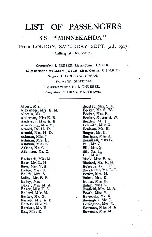Title Page, Listing of Senior Officers, List of Passengers, Part 1 (J. Albert-M. Bowman). SS Minnekahda Tourist Third Cabin Passenger List, 3 September 1927.