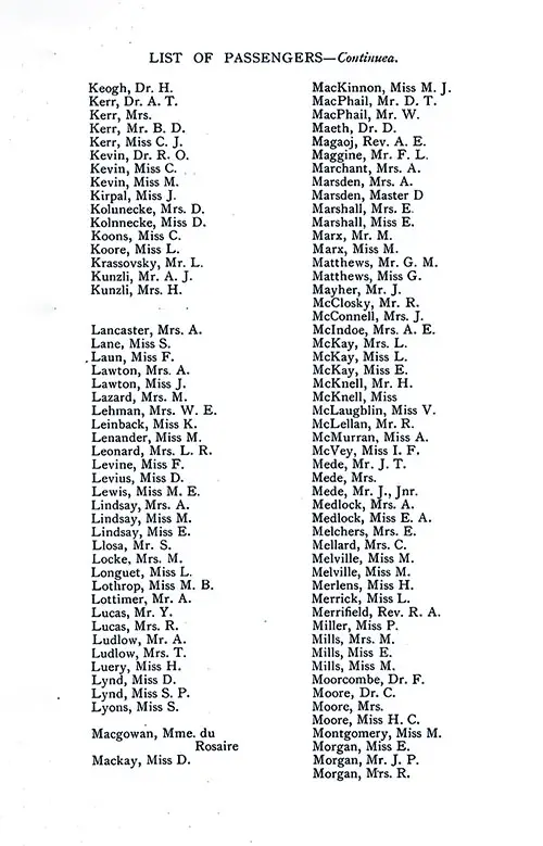 List of Passengers, Part 5 (H. Keogh-R. Morgan). SS Minnekahda Tourist Third Cabin Passenger List, 3 September 1927.