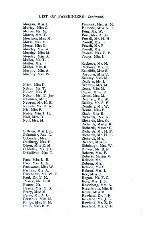 List of Passengers, Part 6 (L. Morgan-C. R. Rowland). SS Minnekahda Tourist Third Cabin Passenger List, 3 September 1927.
