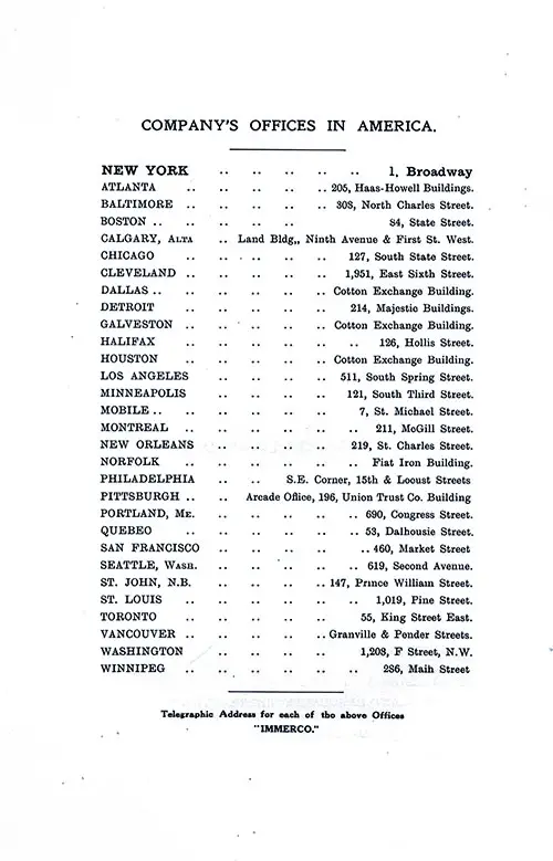 Company's Offices in America. Telegraphic Address for Each of the Above Offices "IMMERCO." SS Minnekahda Tourist Third Cabin Passenger List, 3 September 1927.