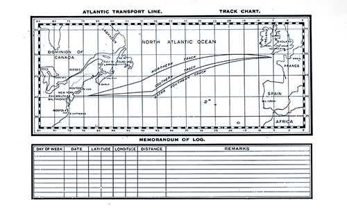 Atlantic Transport Line Track Chart of the North Atlantic Ocean Showing the Northern, Southern, and Extra Southern Track (Route) and Memorandum of Log (Unused). SS Minnekahda Tourist Third Cabin Passenger List, 3 September 1927.