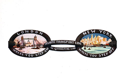 Back Cover: The Connecting Link Graphic of the Atlantic Transport Line, Showing Graphic Chain Links for London (Where You Step On) and New York (Whre You Step Off) With Scenes from Each City Inside Thier Respective Chain Line. SS Minnekahda Tourist Third Cabin Passenger List, 3 September 1927.