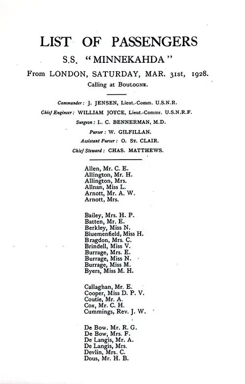 Title Page, Listing of Senior Officers, List of Passengers, Part 1 (C. E. Allen-H. B. Dous). SS Minnekahda Tourist Third Cabin Passenger List, 31 March 1928.