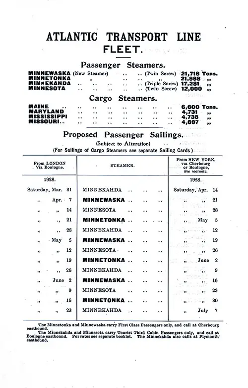 ATL Fleet List and Sailing Schedule, Londong-New York Services, From 31 March 1928 to 7 July 1928.