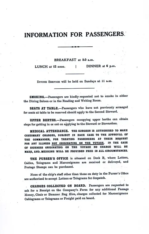 Information for Passengers, Part 1. SS Minnekahda Tourist Third Cabin Passenger List, 23 June 1928.