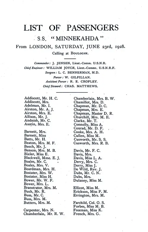 Title Page, Listing of Senior Officers, List of Passengers, Part 1 (H. C. Addiscott-G. French). SS Minnekahda Tourist Third Cabin Passenger List, 23 June 1928.