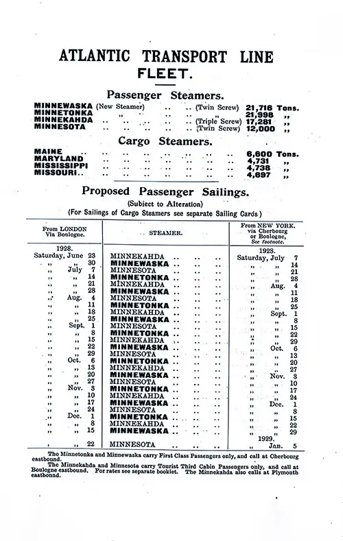 ATL Fleet List and Sailing Schedule, London-New York Services, From 23 June 1928 to 5 January 1929.