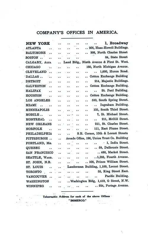 ATL Company Offices in America. Telegraphic Address for Each of the Above Offices is "IMMERCO." SS Minnekahda Tourist Third Cabin Passenger List, 23 June 1928.