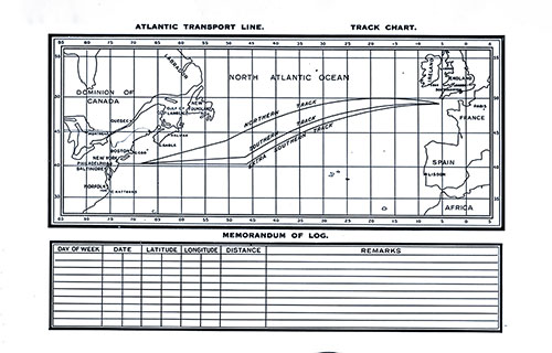 Atlantic Transport Line Track Chart of the North Atlantic Ocean Showing the Northern, Southern, and Extra Southern Tracks (Routes) and a Memorandum of Log (Unused). SS Minnekahda Tourist Third Cabin Passenger List, 23 June 1928.