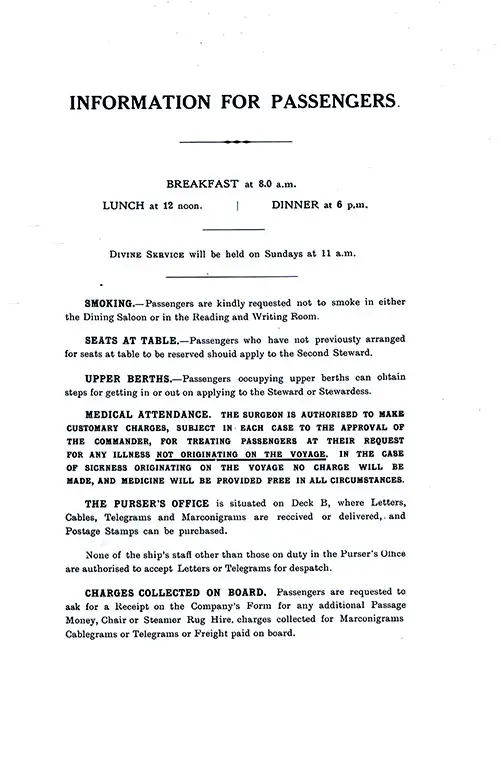 Information for Passengers, Part 1. SS Minnekahda Tourist Third Cabin Passenger List, 21 July 1928.