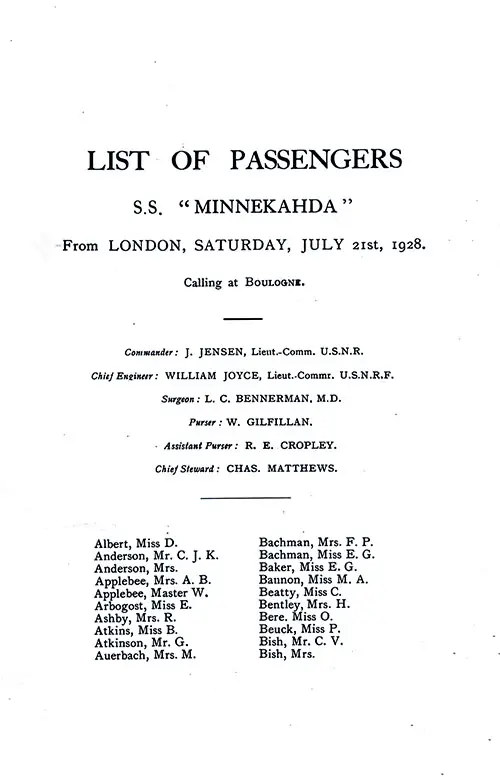 Title Page, Listing of Senior Officers, List of Passengers, Part 1 (D. Albert-Bish). SS Minnekahda Tourist Third Cabin Passenger List, 21 July 1928.