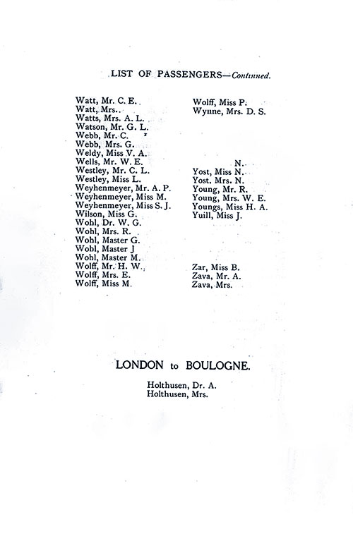 List of Passengers, Part 6 (C. E. Watt-Zava + Holthusen). SS Minnekahda Tourist Third Cabin Passenger List, 21 July 1928.